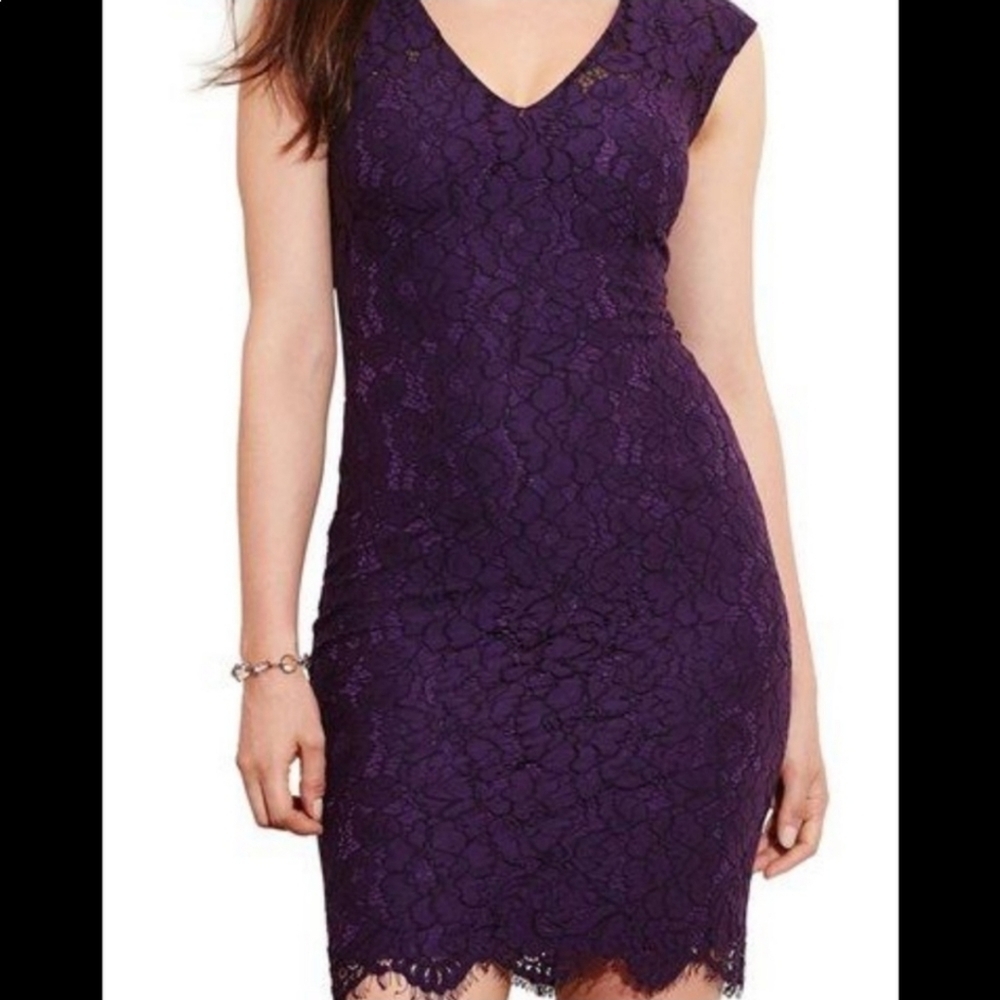 Lauren Ralph Lauren Women's Purple Lace V-Neck Sheath Dress Size 4 Romantic